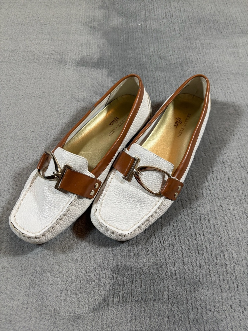 Anne Klein White Leather Loafers with Brown Trim